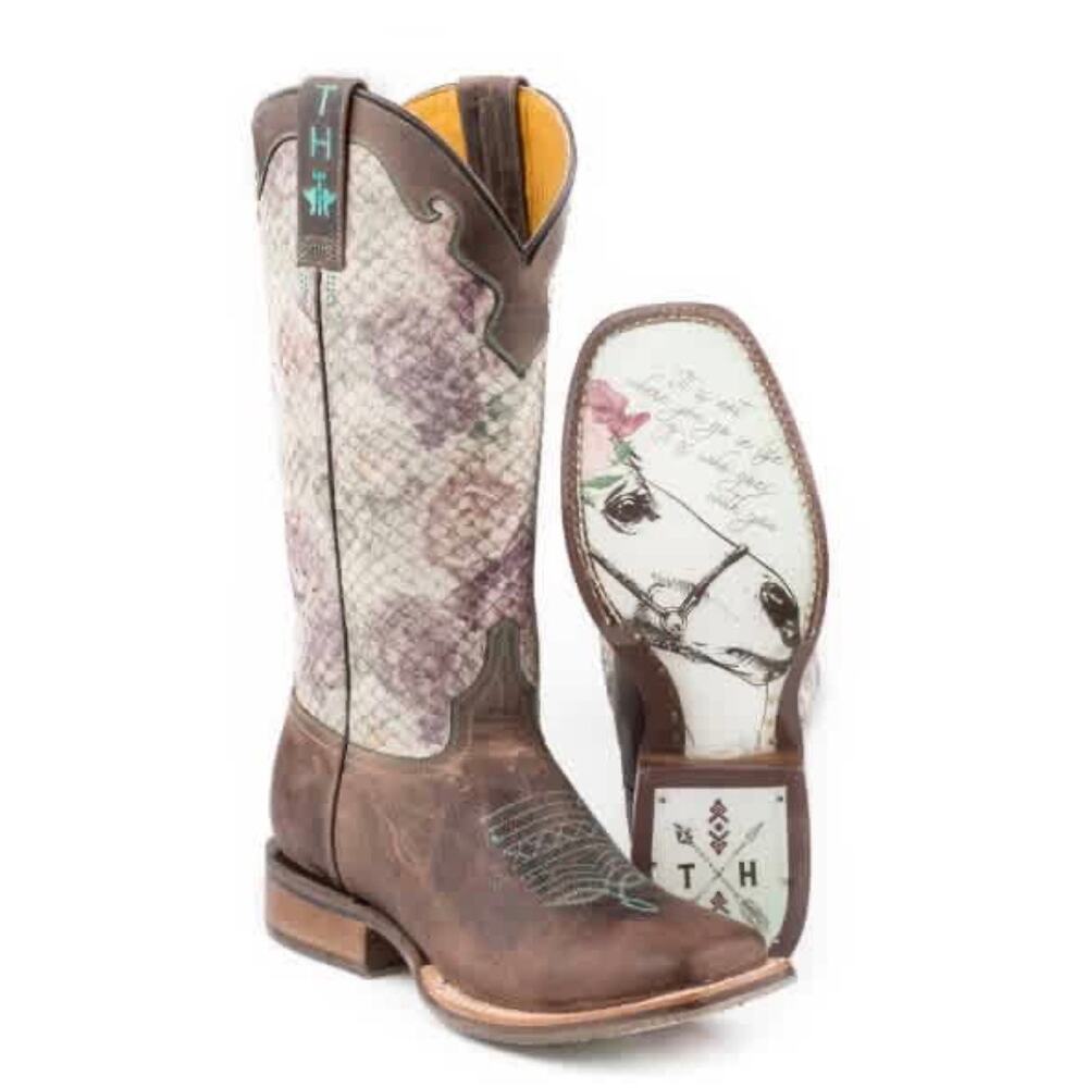 Tin Haul Brown Leather & Light Pink/Gray Snakeskin Inlay Western Boots
